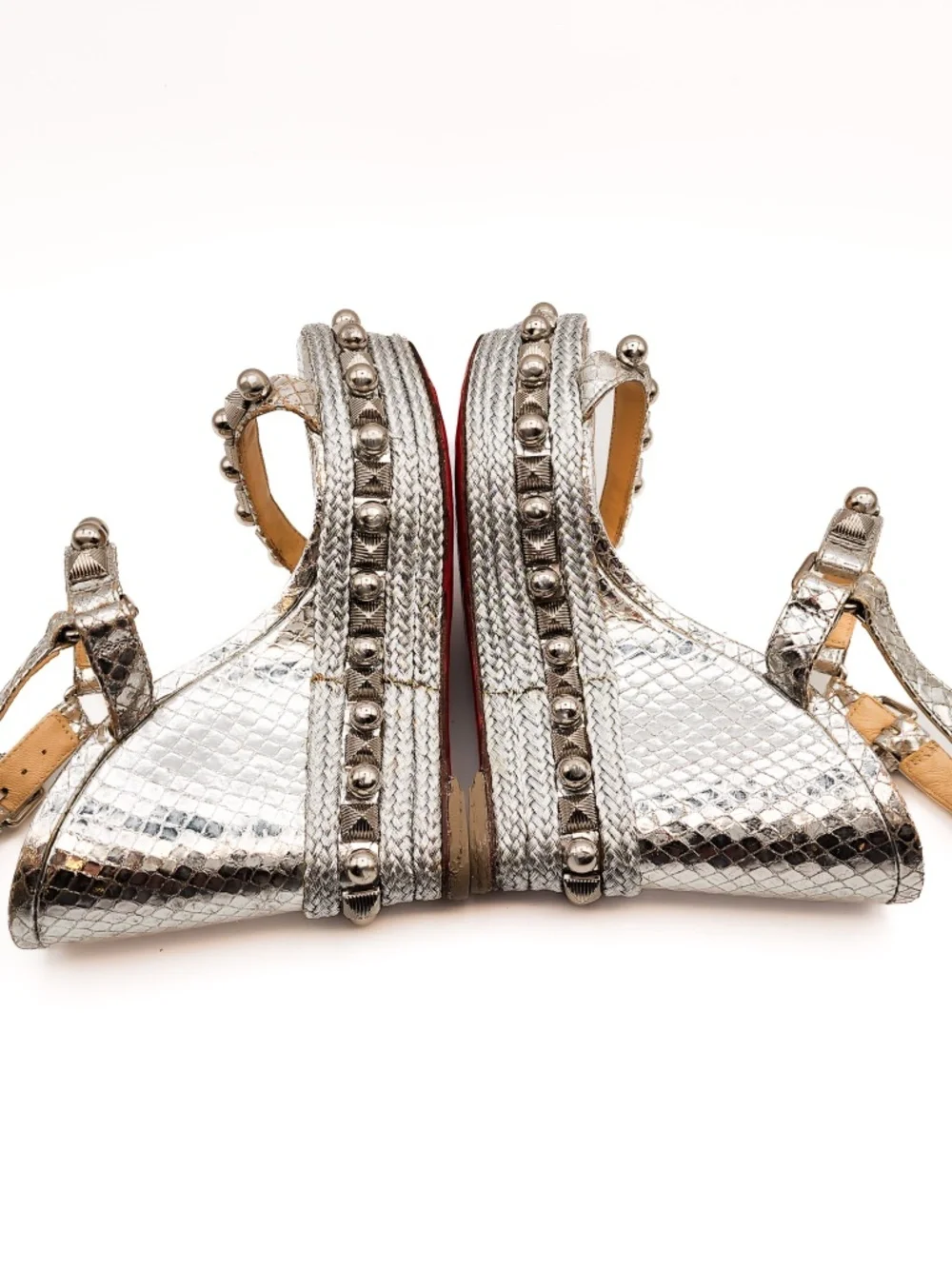 Christian Louboutin Metallic Silver Studded Espadrille Platform Sandals EU 36